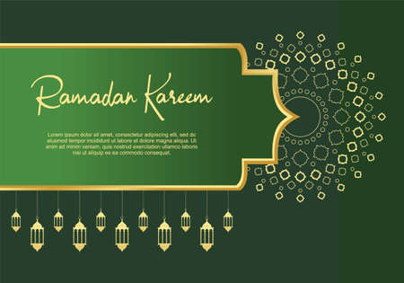 Ramadan kareem greeting card background with islamic ornaments and hanging lanterns on green background.のイラスト素材