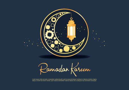 Ramadan kareem greeting card background with islamic ornaments in moon and hanging lantern on navy background.のイラスト素材