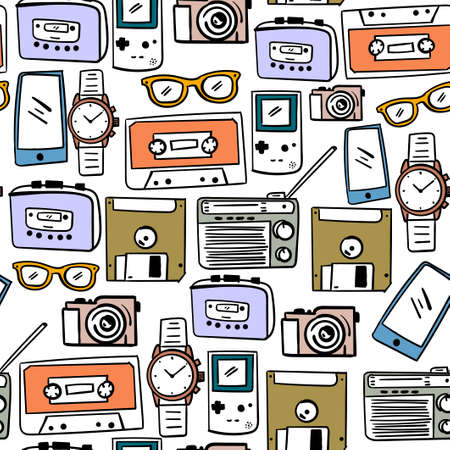 Seamless pattern of 90s stuff for nostalgia isolated on white background.
