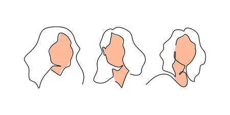 One continuous single line of three woman faces isolated on white background.のイラスト素材