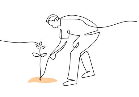 One continuous single line of man planting for go green concept isolated on white background.のイラスト素材