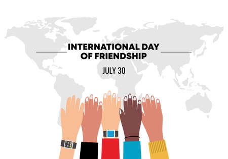 International friendship day background banner poster with five diversity hands up and world map.のイラスト素材