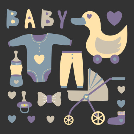 Set of hand drawn elements with baby equipment like dot, milk bottle, clothes, duck, tape, baby stroller and love symbol isolated on black background.のイラスト素材