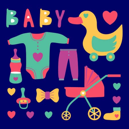 Set of colorful hand drawn elements with baby equipment like dot, milk bottle, clothes, duck, tape, baby stroller isolated on blue background.のイラスト素材