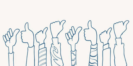 hand drawn eight hands thumb up clapping ovation illustration sketch isolated on white background with different clothes.のイラスト素材