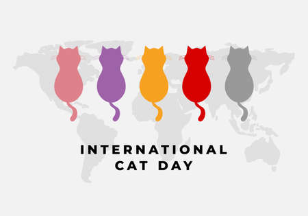 Background for the international cat day on August 8. With five cats and world map. Funny cartoon cat.. Happy animals Print to greeting card, poster on white color.のイラスト素材