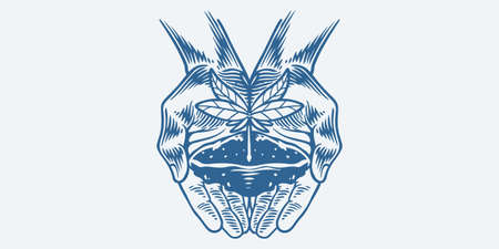 Vintage hand drawn hands hold plant isolated on white background.のイラスト素材