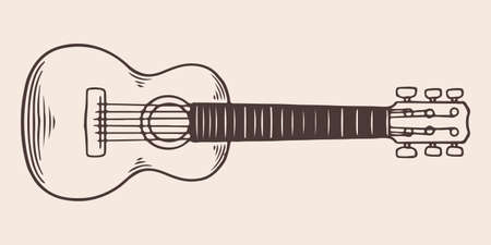 Vintage hand drawn guitar traveler in vintage engraved style. Isolated on white background. front...