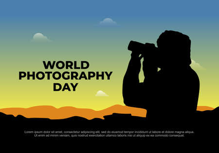 World photography day banner poster on august 19 with man shooting in sunset.のイラスト素材