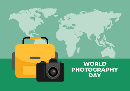 World photography day banner poster on august 19 with camera bag and world map on green background.のイラスト素材