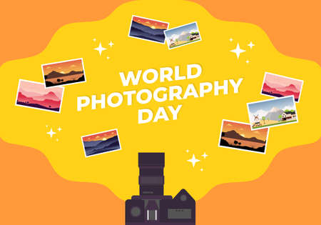 World photography day banner poster on august 19 with modern camera and photo set on orange yellow background.のイラスト素材