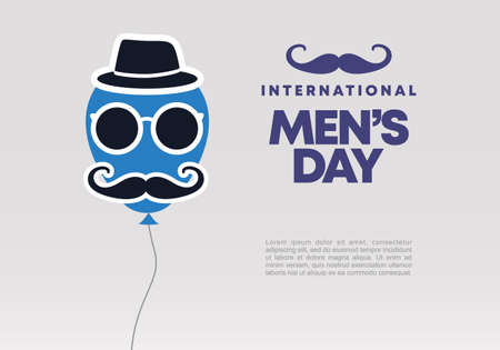 Men day background banner poster with moustache, balloon, hat and glasses on grey color.のイラスト素材