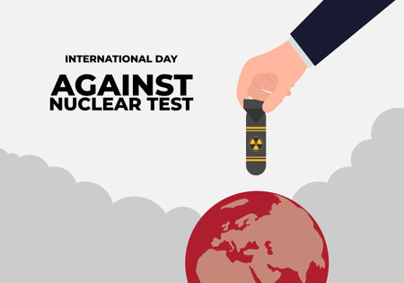 World International day against nuclear test banner poster. With hand put bomb on earth on white grey color background.のイラスト素材