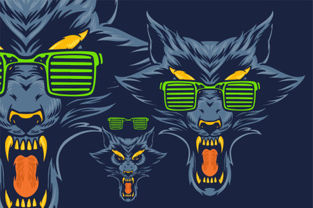 blue wolf with glasses head mascot vector illustration cartoon styleのイラスト素材