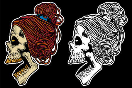 hand drawn skull head with cool hair and open mouth vector illustrationのイラスト素材