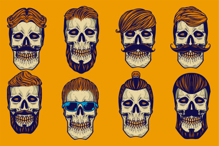 various skull's hair vector illustration set cartoon styleのイラスト素材