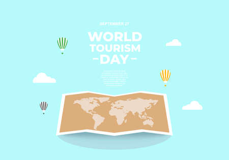World tourism day background banner poster with big earth map and air balloon on september 27.のイラスト素材