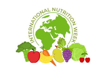 International nutrition week day with world map and various fruit on 1 to 7 September.のイラスト素材