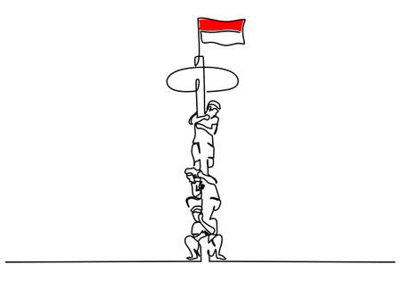 One continuous single line hand drawing of Indonesia independence day with group man climbing flag tower isolated on white background.のイラスト素材