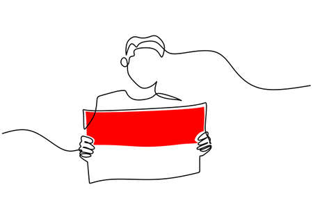 One continuous single line hand drawing of Indonesia independence day man bring flag isolated on white background.のイラスト素材