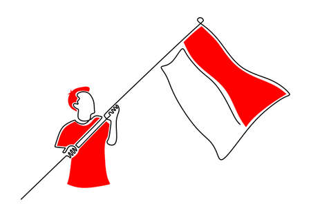 One continuous single line hand drawing of Indonesia independence day with man raising flag isolated on white background.のイラスト素材