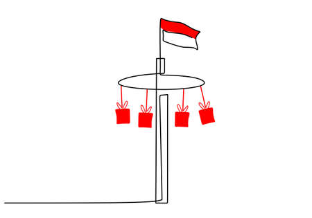 One continuous single line hand drawing of indonesia flag on top of pinang tower isolated on white background.のイラスト素材