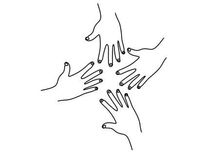 One continuous single line hand drawing of four opened hands isolated on white background.のイラスト素材