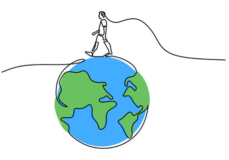 One continuous single line hand drawing of man walking on earth globe isolated on white background.のイラスト素材