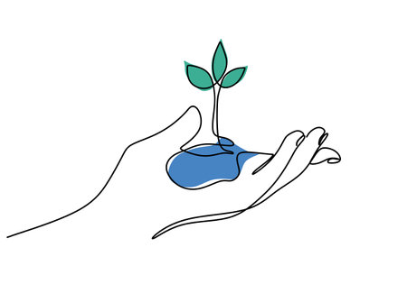 One continuous single line hand drawing of hand bring plant isolated on white background.のイラスト素材