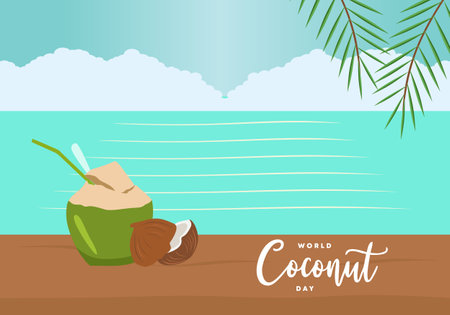 World coconut day background banner poster with coconut on beach on September 2.のイラスト素材