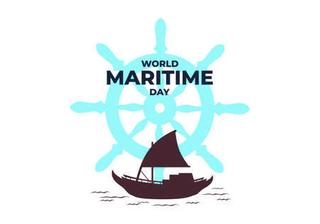 World maritime day background with ship and big steer wheel.のイラスト素材