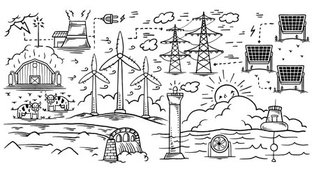 Hand drawn ecology doodle icon set of renewable energy isolated on white background.のイラスト素材