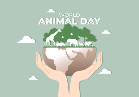 World animal day with animal in forest earth on hand background celebrated on october 4.のイラスト素材