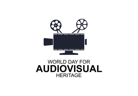 World day for audiovisual heritage background with big camera on white color.のイラスト素材