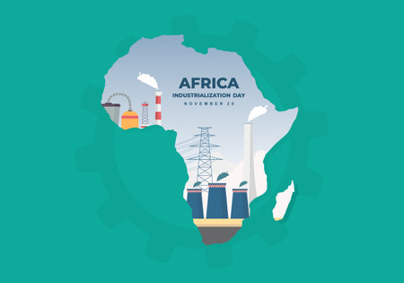 Africa industrialization day background with africa map factory isolated on blue background.のイラスト素材
