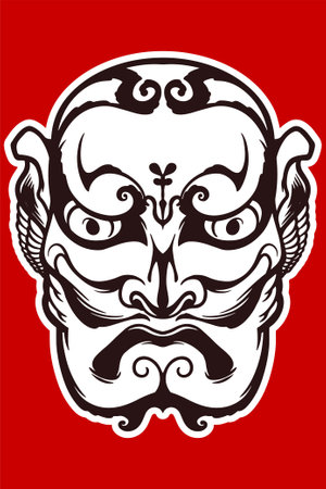 Hand drawn white japanese traditional mask isolated on red background.のイラスト素材