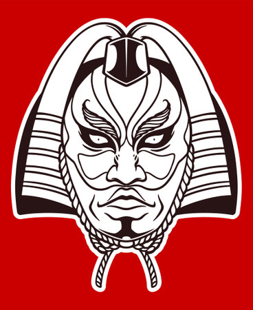 Hand drawn white japanese traditional mask isolated on red background.のイラスト素材