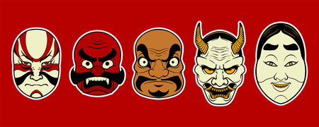 Five scary Japanese mask elements isolated on red background.のイラスト素材