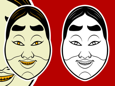 Two traditional Japanese mask elements isolated on red background.のイラスト素材