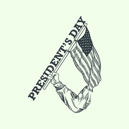 President day hand drawn vintage elements with hand hold american flag isolated on white background.のイラスト素材