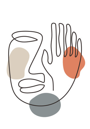 Line abstract drawing of face. One portrait hand drawn people vector illustration, modern design minimalist print.のイラスト素材