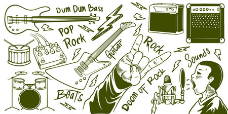 Hand drawn music pop rock equipments doodle icon set isolated on white background.のイラスト素材