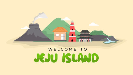 Welcome to jeju island background on yellow background. Welcome to Jeju island in South Korea, traditional landmarks, symbols, popular place for visiting tourists, jeju green tropical island with water travel.のイラスト素材