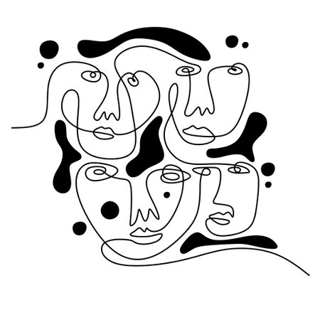 Abstract faces. Continuous one line drawing. Vector illustration. Can be used for wallpaper, pattern fills, web page background, surface textures.のイラスト素材