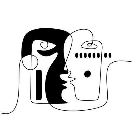 Two people listening to music on headphones. Black and white vector illustration.のイラスト素材