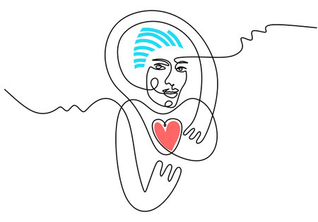 Continuous one line drawing of woman with heart in her hands.のイラスト素材