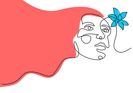 Continuous one simple single abstract line drawing of a woman face with a flower in her hair.のイラスト素材