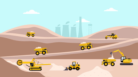 Construction site with excavators and trucks. Vector illustration in flat styleのイラスト素材