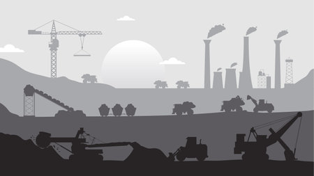 Industrial landscape with heavy machinery and cranes. Vector illustration.のイラスト素材