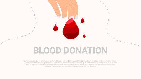 Blood donation banner with hands and blood drops. Vector illustration in flat styleのイラスト素材